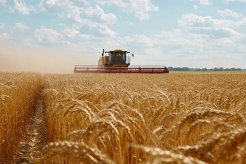 Fototapeta premium A combine harvester efficiently works its way through a vast golden wheat field under a blue sky, showcasing modern agriculture technology and productivity in farming.