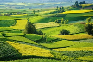 Obraz premium The photo features a patchwork of cleverly cultivated fields in varying shades of green, set across gently rolling hills that create a visually appealing abstract pattern.