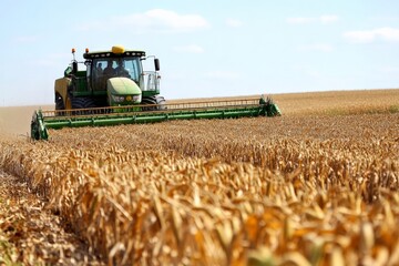 Obraz premium A combine harvester actively processes a large cornfield, with rows of golden cornstalks being efficiently collected, symbolizing progress in agronomy and innovation.