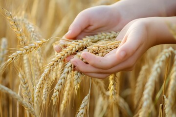 Close-up of hands gently holding golden wheat stalks in a wheat field, symbolizing the human connection to agriculture and the nurturing of nature's bountiful harvest.
