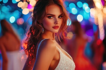 Fototapeta premium Stylish Blonde Girl Pose at Night Party Photo.Fictional Character Created By Generative AI
