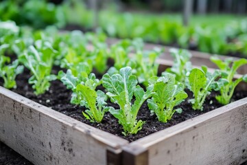 Small lettuce plants thrive in a wooden raised garden bed, representing sustainable gardening and growth, with vibrant green leaves soaking up sunlight in a neat array.