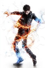Energetic Dancer in Motion with Fire and Ice Effects.