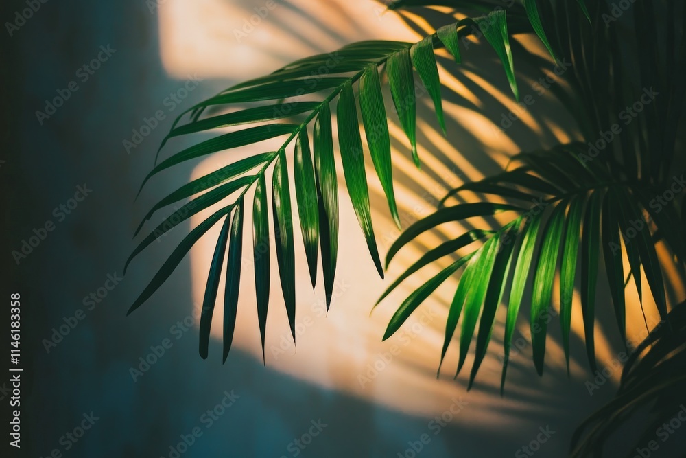 Aufkleber sunlight filters through lush tropical palm leaves, casting dynamic shadows and evoking a sense of w
