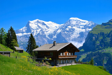 Obraz premium Typical Swiss wooden houses, also called chalets, in an alpine landscape Chalets in alpine landscape