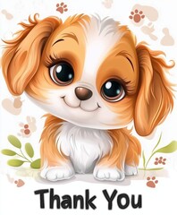 Naklejka premium Sweet cartoon puppy with long ears and 'Thank You' text on a floral background