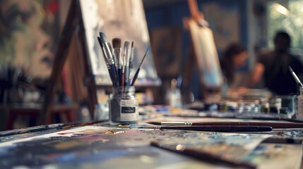 Obraz premium Art studio workspace with jars of paintbrushes, canvases, painting tools image. Painter supplies, oil paints photography scene wallpaper. Creative process concept photorealistic photo
