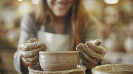 Female potter hands shaping ceramic bowl on pottery wheel closeup image. Artistry of craftsmanship in cozy workshop close up photography. Creative craft concept photo realistic