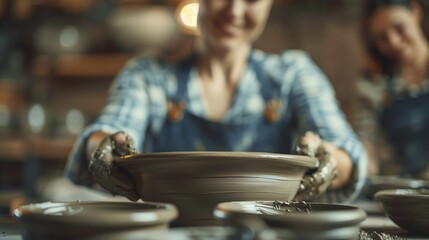 Smiling potter proudly holds freshly crafted clay bowl in workshop closeup image. Artistry and rustic pottery making close up photography. Creative craft concept photo realistic