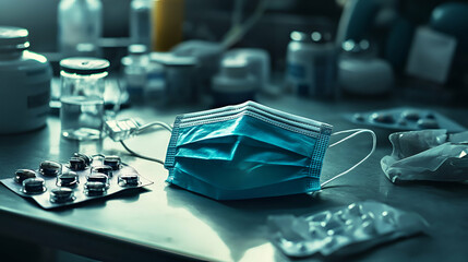 Medical supplies and protective gear displayed on a table in a healthcare setting