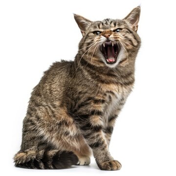 European shorthair cat sitting and meowing on white background