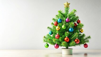 Minimalist Green Christmas Tree Colorful Ornaments White Background Wide Angle Photography