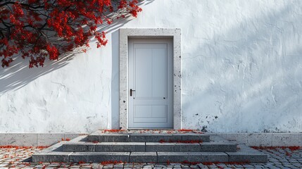 a white door and steps in front of a house