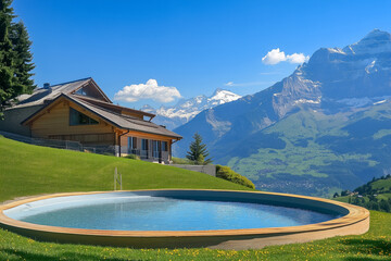 Modern Swiss wooden house or chalet with infinity pool amidst an alpine landscape