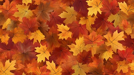 Fototapeta premium Seamless pattern background featuring abundant autumn fall leaves in warm shades of red, orange, yellow, and brown for graphic design, textile fabric, web design, digital art