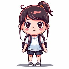 Fototapeta premium Adorable cartoon girl with a backpack and a ponytail.