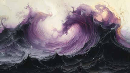 an abstract painting of a black and purple wave