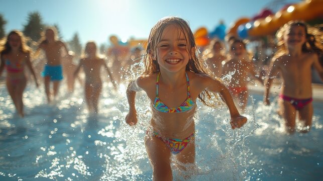 Excited children in colorful swimsuits running into the pool, splashing water joyfully on a bright summer day, capturing the energy and happiness of outdoor play and friendship. - Powered by Adobe