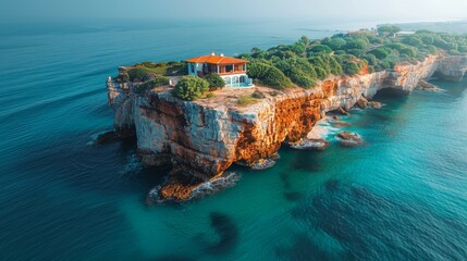 an aerial view of a cliff with a house on top of it