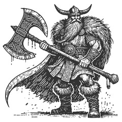 Viking warrior with a horned helmet, flowing beard, battle axe, and a billowing cape, standing in a powerful pose sketch engraving generative ai vector illustration. Scratch board. Black and white.