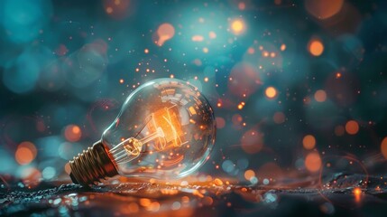 Glowing lightbulb surrounded by colorful bokeh lights