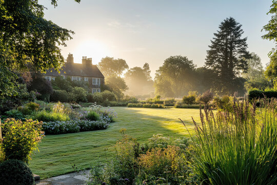 Classic English manor house with lush gardens and sunrise