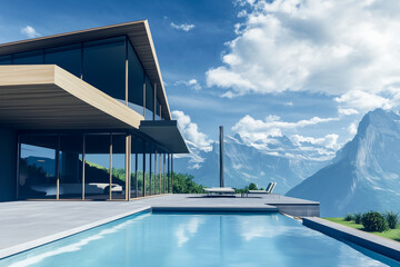 Fototapeta premium Sleek, modern villa with a striking contrast of concrete and wood, complete with an infinity pool, set against a breathtaking alpine backdrop