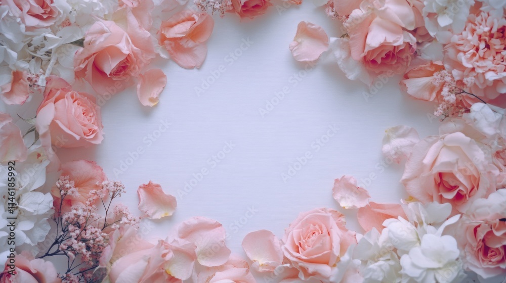Poster a beautiful arrangement of soft pink roses and delicate white flowers creates a circular frame aroun