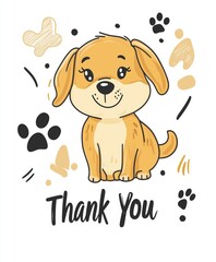 Cute cartoon illustration of a smiling puppy with paw prints and thank-you message
