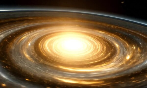 Radiant golden swirling galaxy with glowing central core video animation. Cosmic energy, galactic spiral animated footage HD clip seamless motion graphics. Outerspace concept