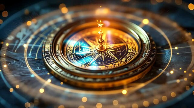 Mystical compass with glowing elements reveals ancient symbols and charts in dark background