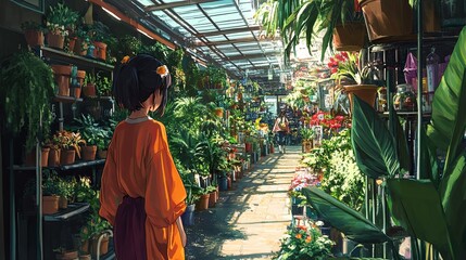 Naklejka premium Anime character exploring a lush greenhouse vibrant nature oasis indoor garden captivating perspective
