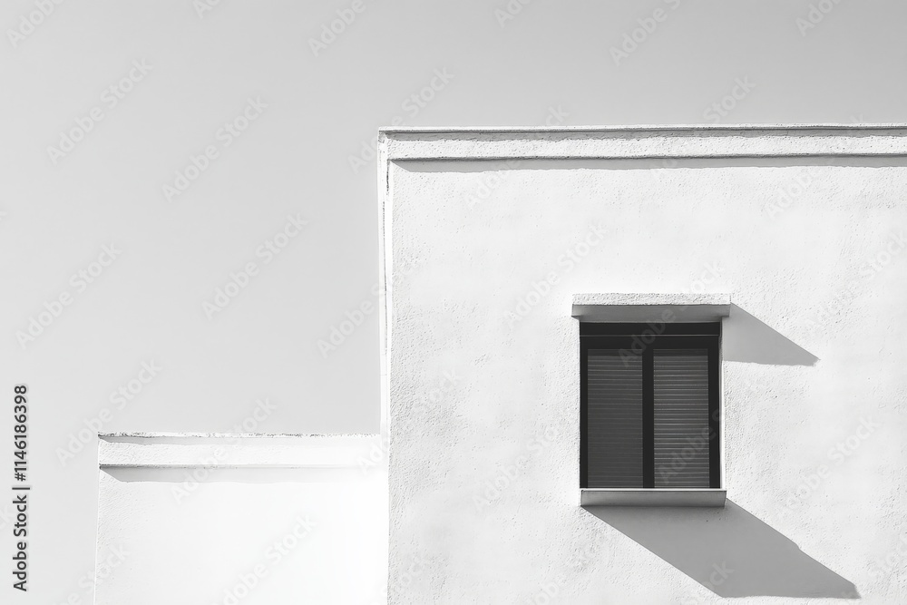 Leinwandbilder a minimalist white building facade with a single window is illuminated by soft sunlight, casting dis