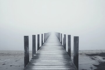 Fototapeta premium A wooden pier juts into a misty, ethereal horizon. The fog envelops the scene, blurring the boundary between pier and sky in a soft monochromatic theme.