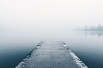 Obraz premium A misty lake scene featuring a solitary dock that extends into the foggy distance, creating a peaceful and almost otherworldly atmosphere. Tranquility and mystery combine.