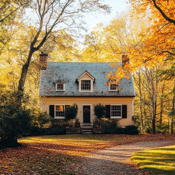 Charming New England saltbox house in an autumn forest setting