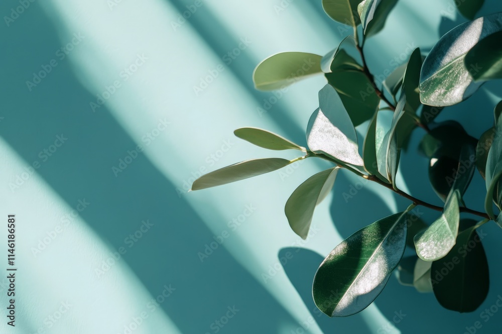 Aufkleber a branch of green leaves casting artistic shadows on a mint background, evoking a sense of tranquili