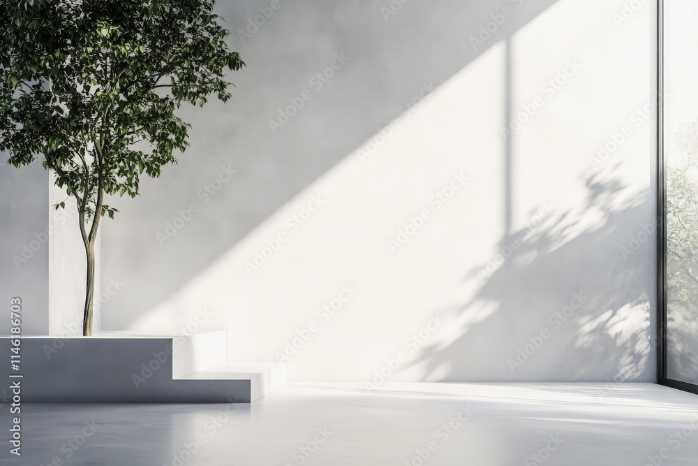 Leinwandbilder A bright room with abundant sunlight streaming through, highlighting a green tree in the corner, conveying freshness and openness in modern minimalist architecture.