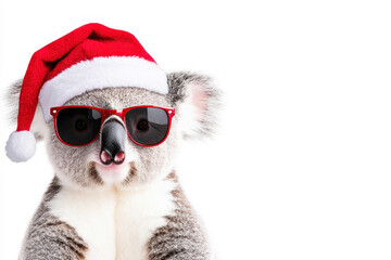 Funny koala wearing a Santa hat and sunglasses for holiday season