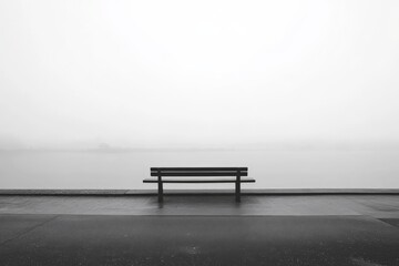 An empty bench is positioned against a hazy body of water, offering a moody and melancholic view that invites viewers to reflect on life's quiet moments of solitude.