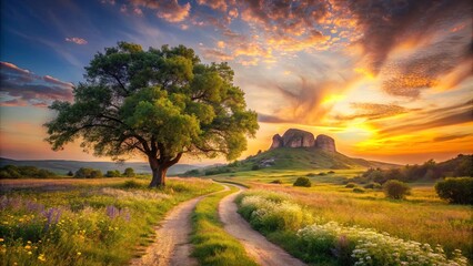 Obraz premium Serene Sunset Landscape A Winding Path Leads to Majestic Rock Formations