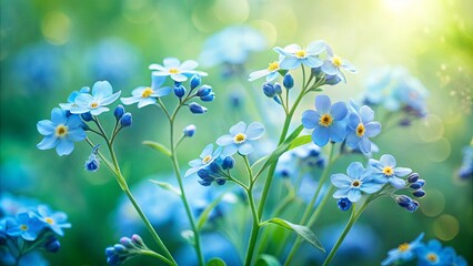 A delicate cluster of light blue forget-me-nots bathed in soft sunlight