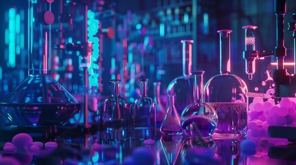 Chemical science laboratory banner with test tubes, beakers, and molecular structures on a futuristic blue background for research and education themes
