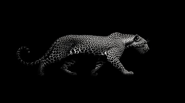 Majestic leopard walking in profile, black and white.