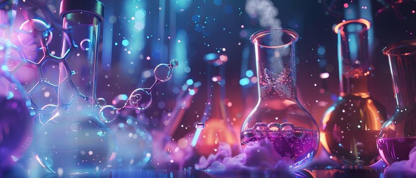 Chemical science laboratory banner with test tubes, beakers, and molecular structures on a futuristic blue background for research and education themes