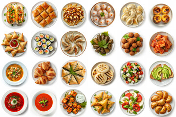 Assorted international cuisines presented on white background in a collage of dishes