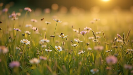 Wildflowers and Bees in Sunny Meadow.
