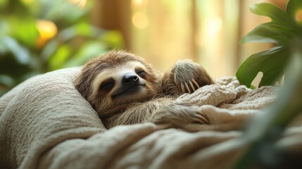 Naklejka premium Adorable sloth sleeping peacefully on a cozy bed amongst lush foliage.
