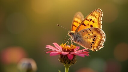 Obraz premium Butterfly Resting on Flower in Soft Sunlight.