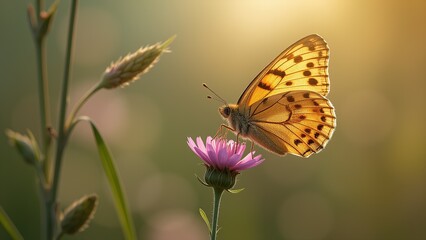Obraz premium Butterfly Resting on Flower in Soft Sunlight.